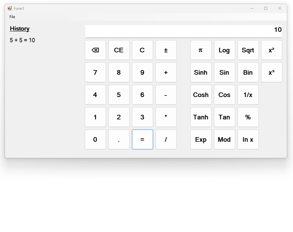 screenshot of a calculator app that has a history panel, a basic calculator and a scientific calculator.