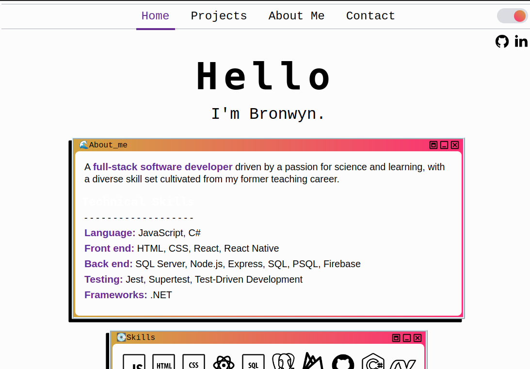 screenshot of the welcome page of this website, showing an introductory line, tech skills and skill icons. Each box has a colourful gradient border around it.