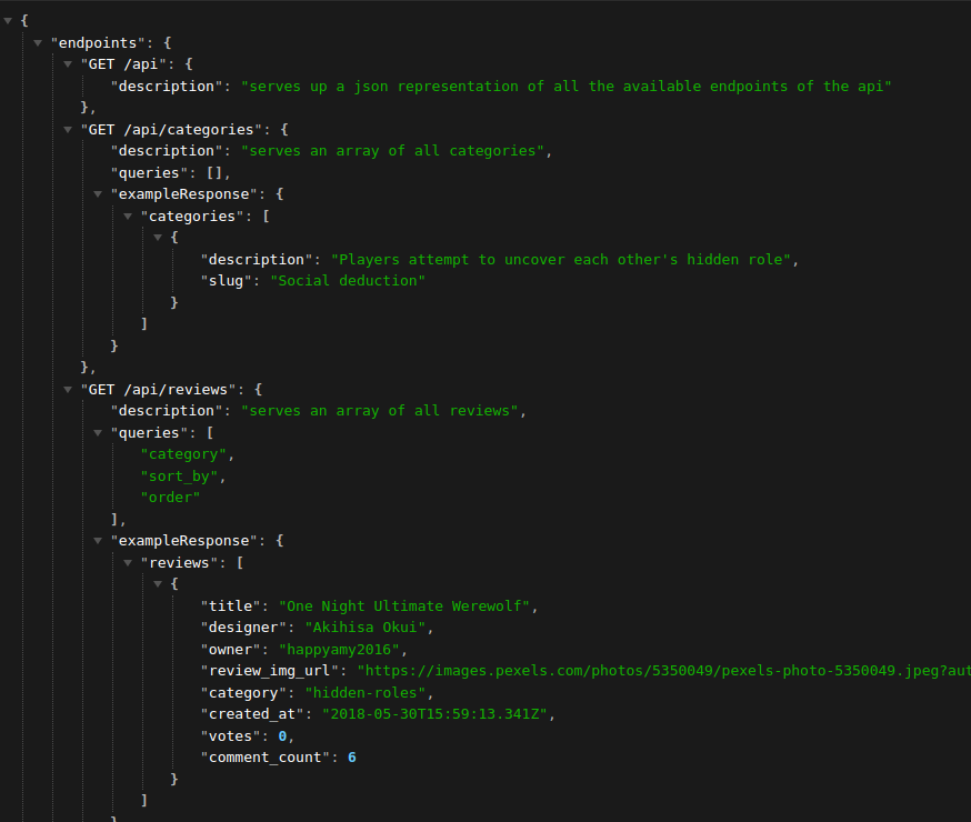 screenshot of the beginning of a list of API endpoints, including 3 GET requests and examples of the responses.